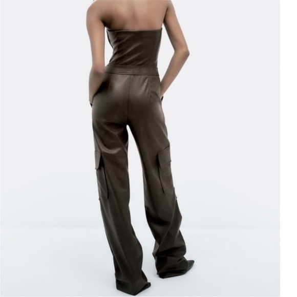 Zara Faux Leather Strapless Cargo Wide Leg Jumpsuit Brown Overalls Romper Small - Picture 6 of 15